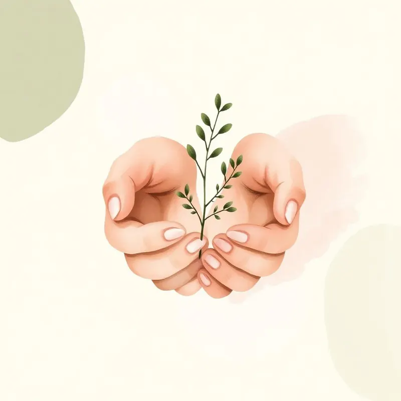 Illustrazione ad acquerello di due mani che accolgono un piccolo ramo verde, simbolo di cura del dolore cronico
